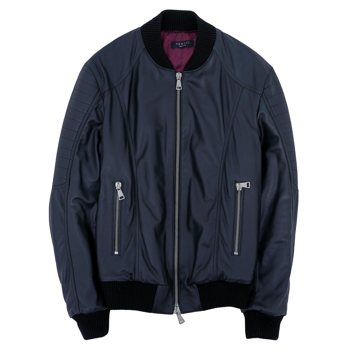 Vencci lambskin bomber jacket in black Italian leather — front