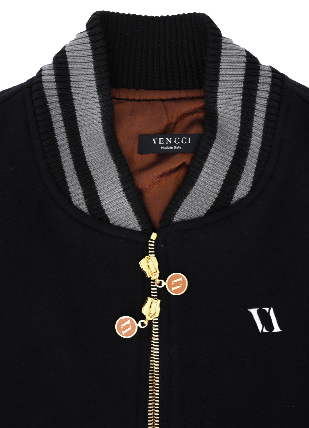 Cashmere varsity jacket — gold double zipper detail