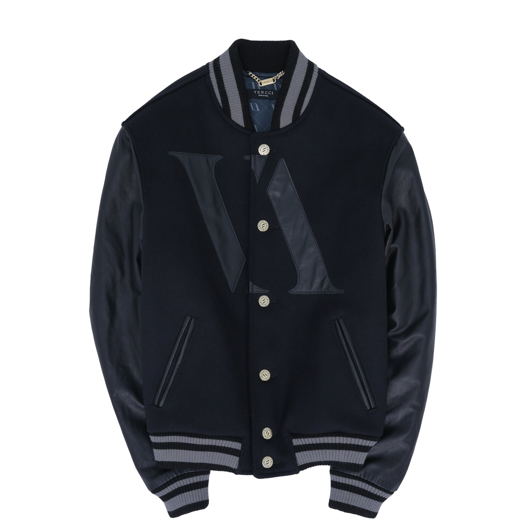 Vencci 001/001 cashmere varsity jacket — front with VV monogram