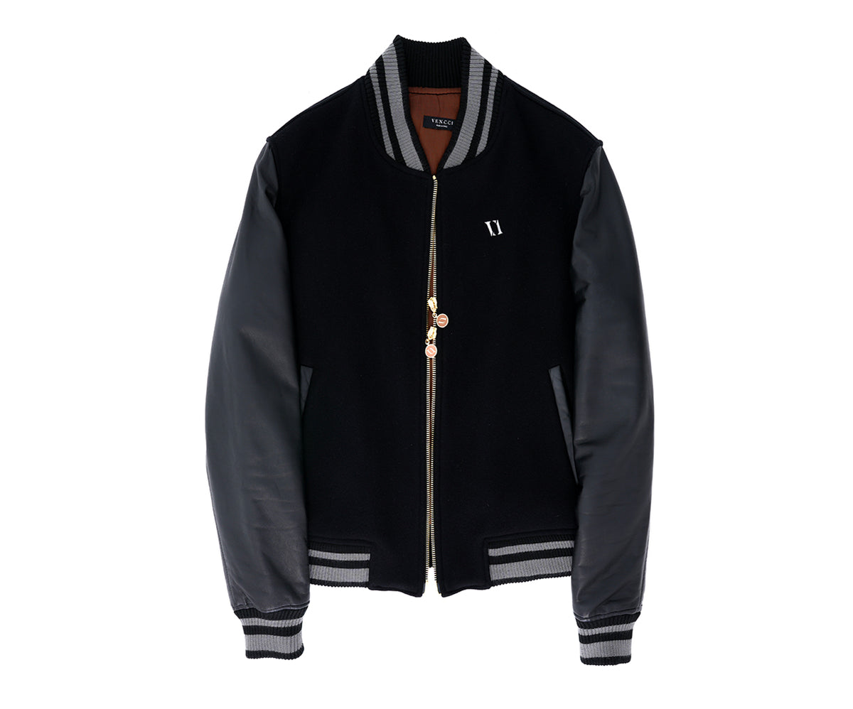 Vencci cashmere varsity jacket — front with lambskin sleeves