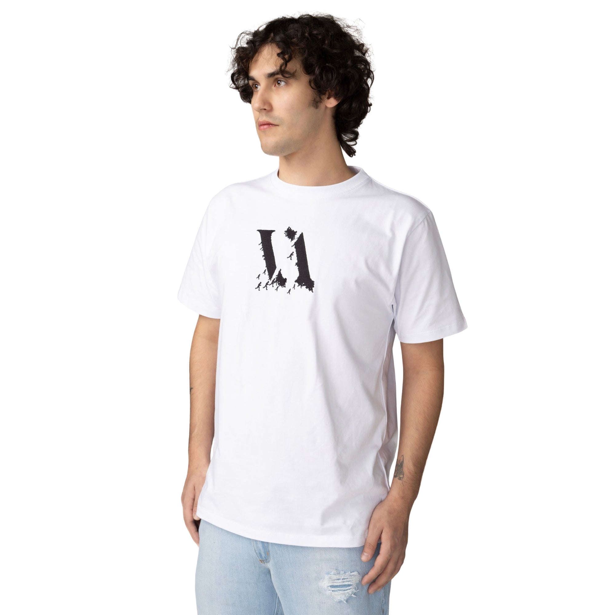 The Move Vencci monogram embroidery tee — styled on model