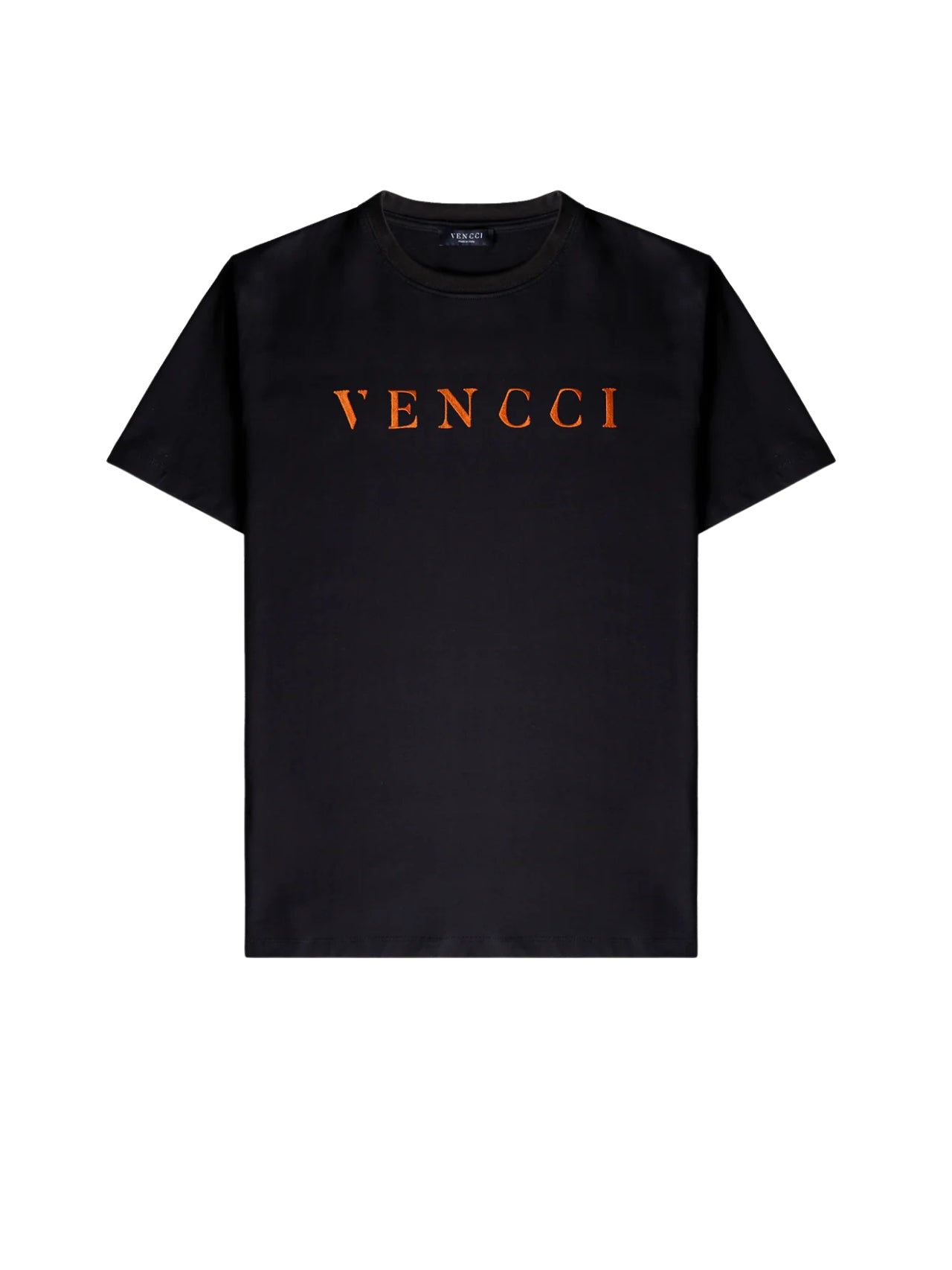 Vivid Orange embroidery tee in black — front Vencci chest embroidery