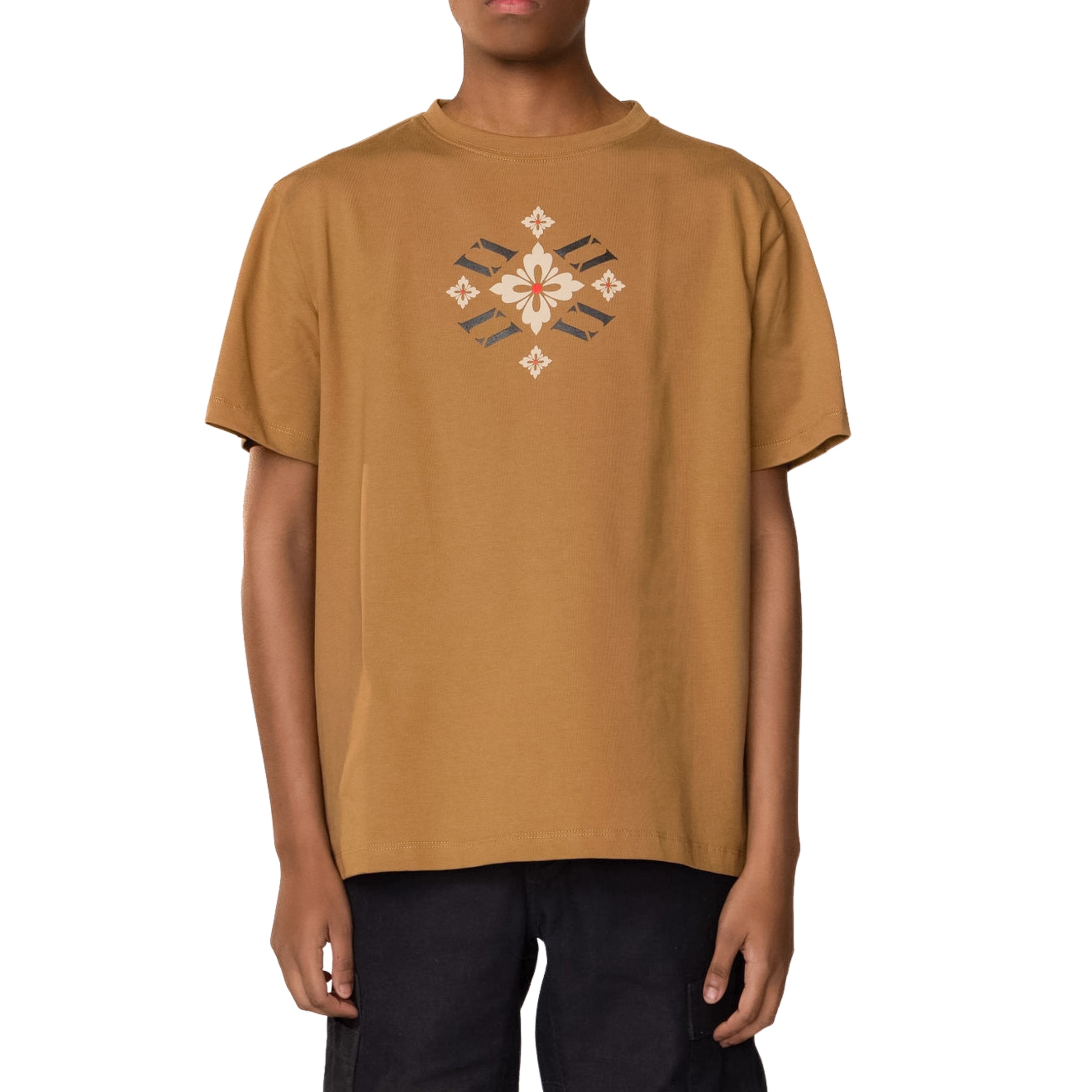 Floral VV Monogram tan tee — fabric detail